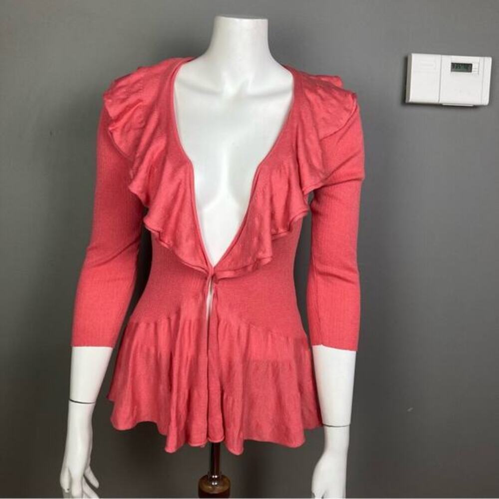 Etro cardigan sweater size 8 EU 44 pink silk ruffle feminine drape Italy Y2K